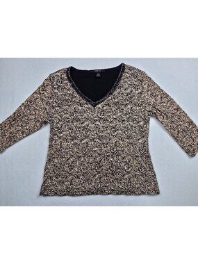 Style & Co XL Paisley Print Black & Gold Stretch Top 3/4 Sleeve Womens Shirt